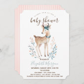 かわいいトナカイストライプピンク色の赤ちゃんシャワー 招待状 (正面/裏面)