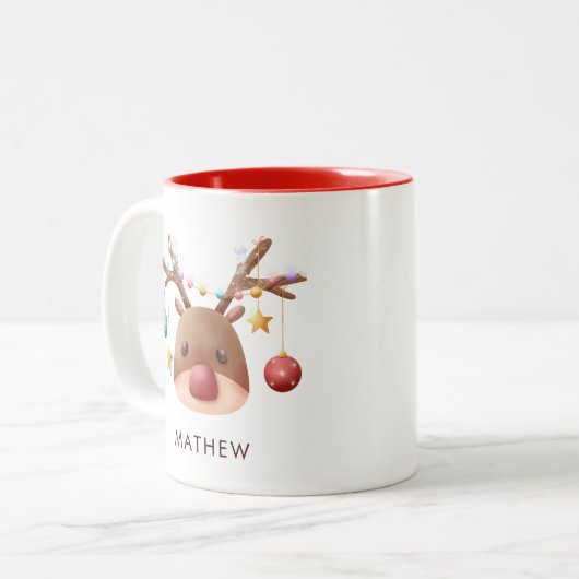 かわいいトナカイパーソナライズされたのクリスマスマグカップ ツートーンマグカップ (正面左)