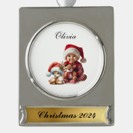 かわいいトナカイパーソナライズされたクリスマス シルバープレートバナーオーナメント