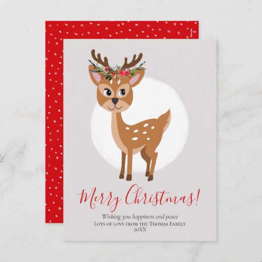 かわいいトナカイフローラクリスマスリースファミリー シーズンポストカード (正面/裏面)
