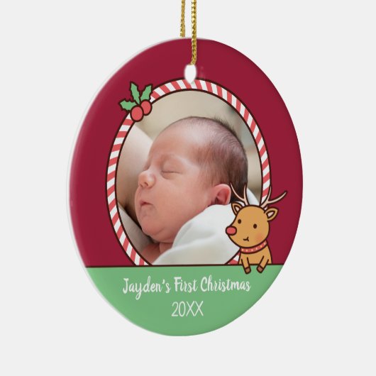 かわいいトナカイベビーの初めてのクリスマス写真 セラミックオーナメント (右)