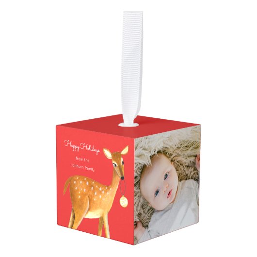 かわいいトナカイベビー初めてのクリスマス キューブオーナメント (正面アングル)