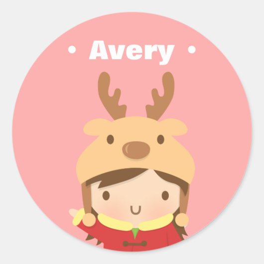 かわいいトナカイ帽子ガールキッズクリスマスフィラー ラウンドシール (正面)