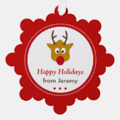 かわいいトナカイ赤いクリスマスホリデーズフォト オーナメントカード (正面)