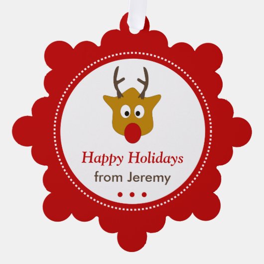 かわいいトナカイ赤いクリスマスホリデーズフォト オーナメントカード (正面)