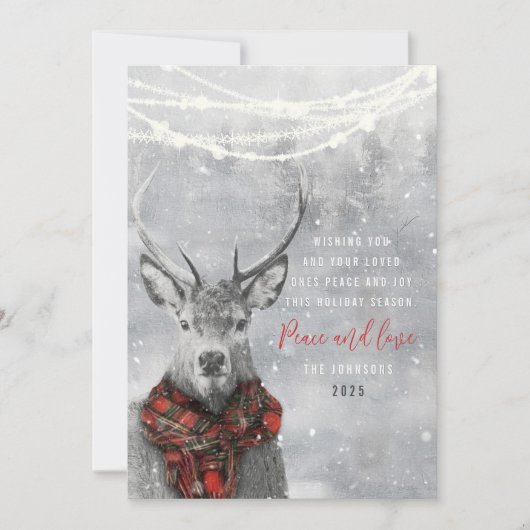 かわいいトナカイ赤いタータンチェックスカーフのクリスマスグリーティング シーズンカード (正面)