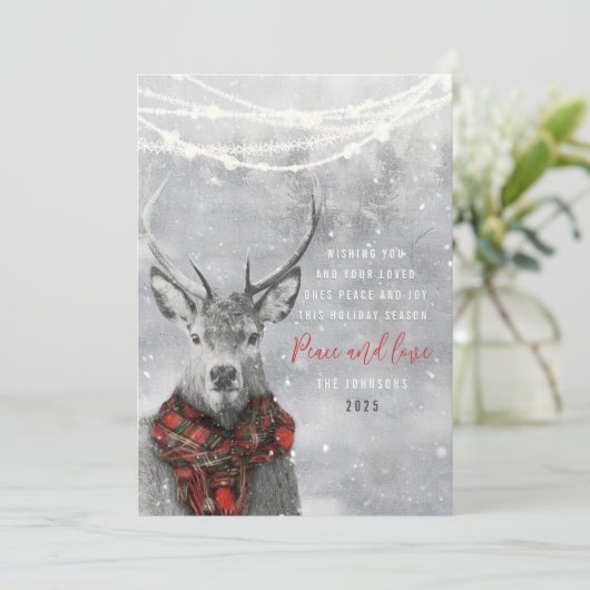 かわいいトナカイ赤いタータンチェックスカーフのクリスマスグリーティング シーズンカード (スタンド正面)