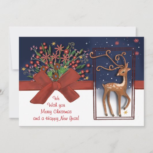 かわいいトナカイ赤い弓ブルー&ホワイト シーズンカード (正面)