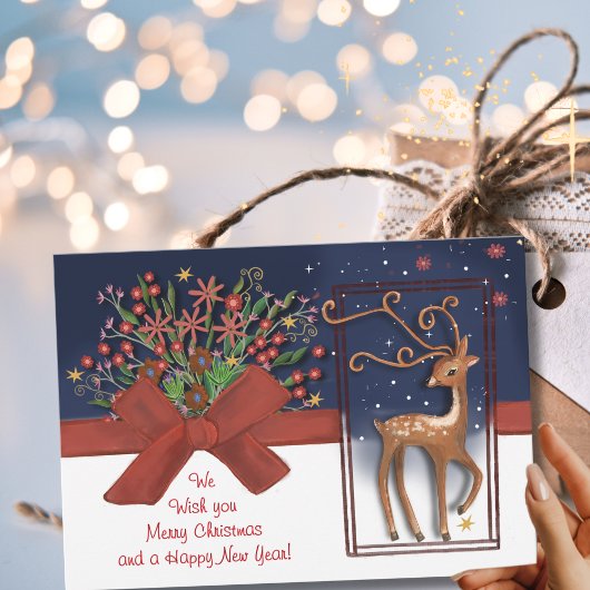 かわいいトナカイ赤い弓ブルー&ホワイト シーズンカード