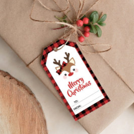 かわいいトナカイ赤の格子入り聖降誕祭 ギフトタグ