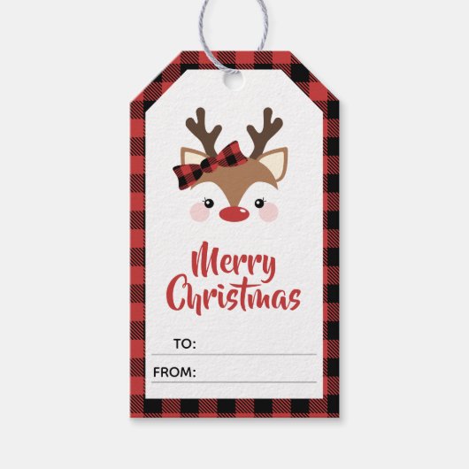 かわいいトナカイ赤の格子入り聖降誕祭 ギフトタグ (正面)