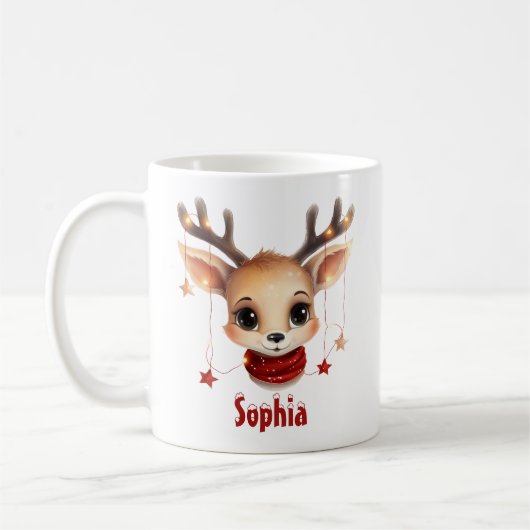 かわいいトナカイ顔とライトのパーソナライズされたクリスマス コーヒーマグカップ (左)