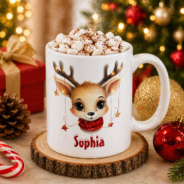 かわいいトナカイ顔とライトのパーソナライズされたクリスマス コーヒーマグカップ