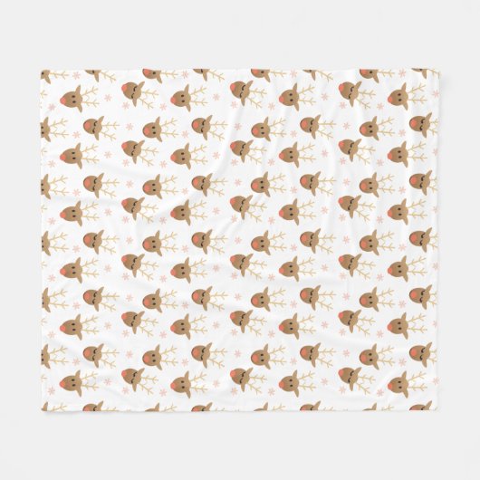 かわいいトナカイ顔パターンスノーフレーク冬 フリースブランケット (正面(横))