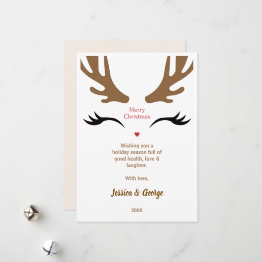 かわいいトナカイ顔モダンメリークリスマス シーズンカード (正面/裏面インサイチュ)