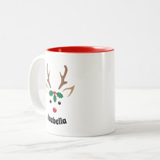 かわいいトナカイ顔 |クリスマスパーソナライズされた。 ツートーンマグカップ (正面左)