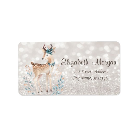 かわいいトナカイ、キラキラした《写真》ぼけ味 ラベル (正面)