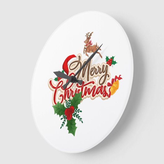 かわいいトナカイ&サンタハットメリークリスマス ラージ壁時計 (傾斜)