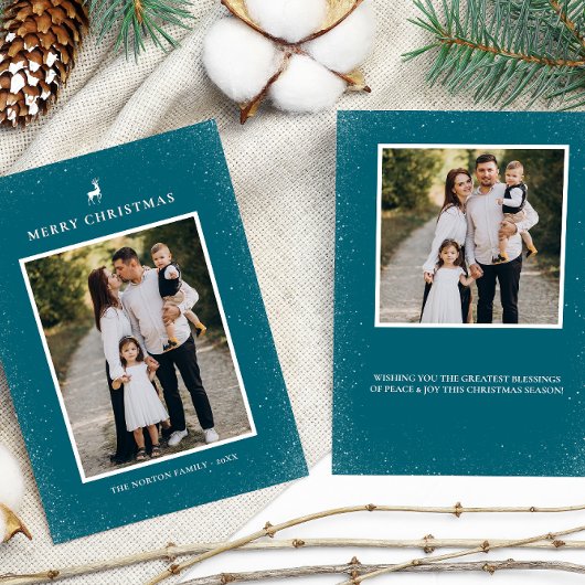 かわいいトナカイ シンプルな雪の結晶 カスタム 2 枚の写真 シーズンカード