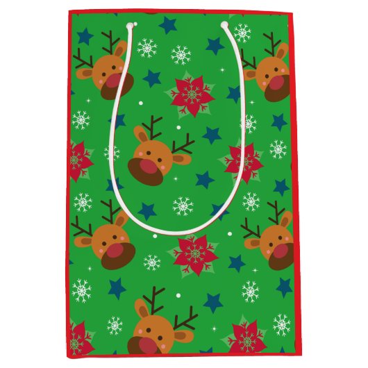 かわいいトナカイ&スノーフレーククリスマス ミディアムペーパーバッグ (正面)