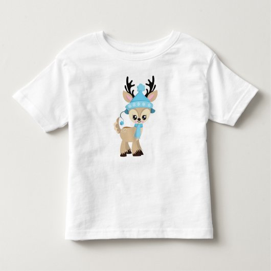 かわいいトナカイ，トナカイ，ブルーハット，スカーフ トドラーTシャツ (正面)