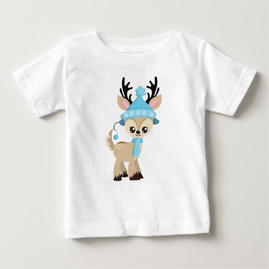 かわいいトナカイ，トナカイ，ブルーハット，スカーフ ベビーTシャツ (正面)