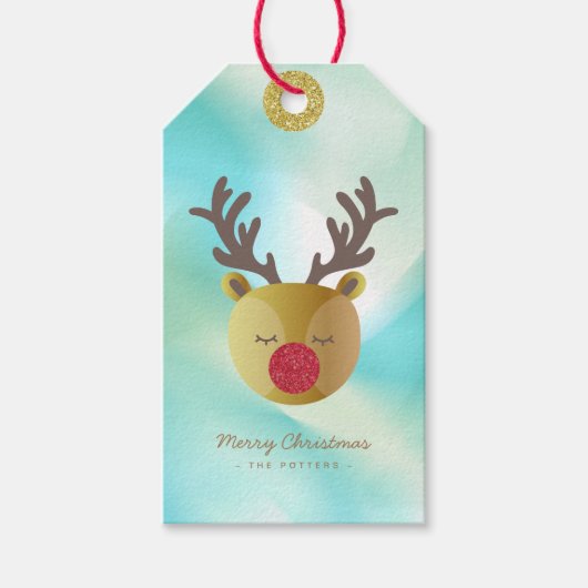かわいいトナカイ |パステルグリーングラデーション&金ゴールド ギフトタグ (正面)