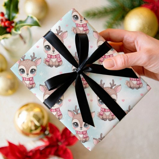 かわいいトナカイ、ボボの虹色クリスマス ラッピングペーパーシート