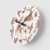 かわいいトナカイ，鳥，花   ラウンド壁時計 (傾斜)
