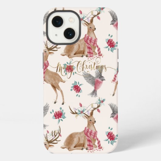 かわいいトナカイ、鳥、花 iPhoneケース (裏面)