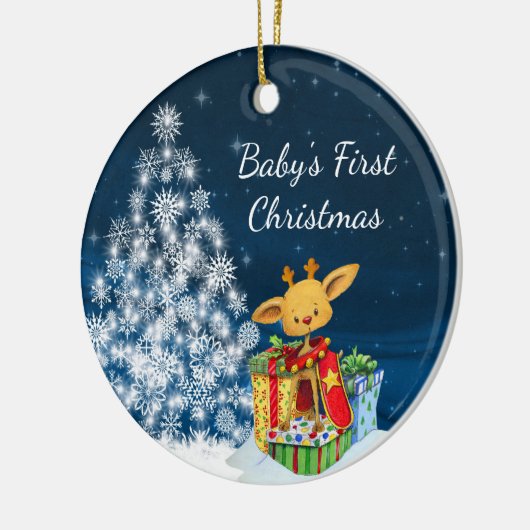 かわいいトパーソナライズされたナカイベビーの初めてのクリスマス セラミックオーナメント (左)