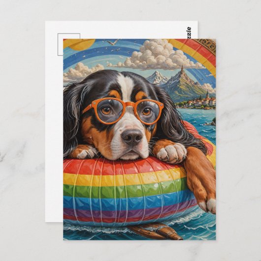 かわいいトライカラーの犬が湖に浮かぶ ポストカード (正面/裏面)