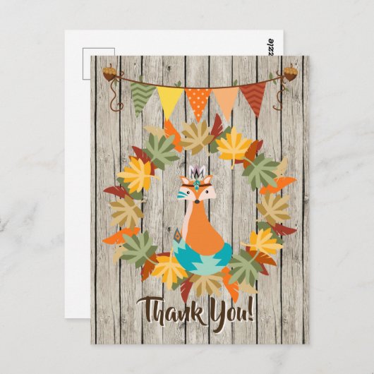かわいいトライバルキツネ、リースの秋離れにはありがとう ポストカード (正面/裏面)