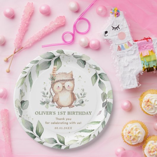 かわいいトライバルフクロウシックな緑1st誕生日ベビー ペーパープレート (パーティー)
