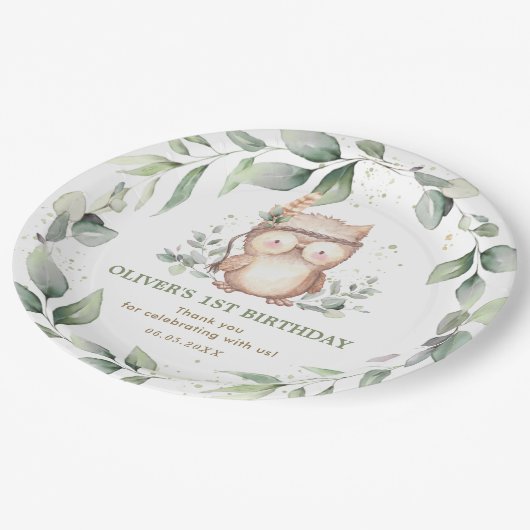 かわいいトライバルフクロウシックな緑1st誕生日ベビー ペーパープレート (アングル)