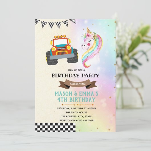 かわいいトラックとユニコーンパーティの招待状 招待状 (スタンド正面)