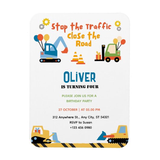 かわいいトラック建築誕生日パーティーの招待状 マグネット (縦)