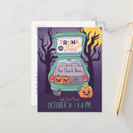 かわいいトランクまたはトリートカスタムハロウィン招待状 ポストカード (正面/裏面インサイチュ)