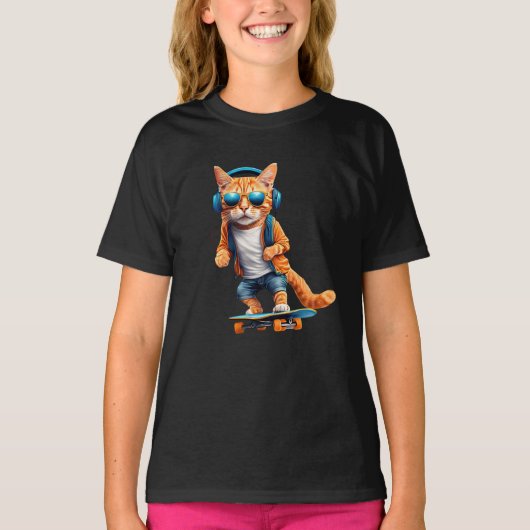 かわいいトラ柄のスケートボーダー キッズ用 Tシャツ (正面)