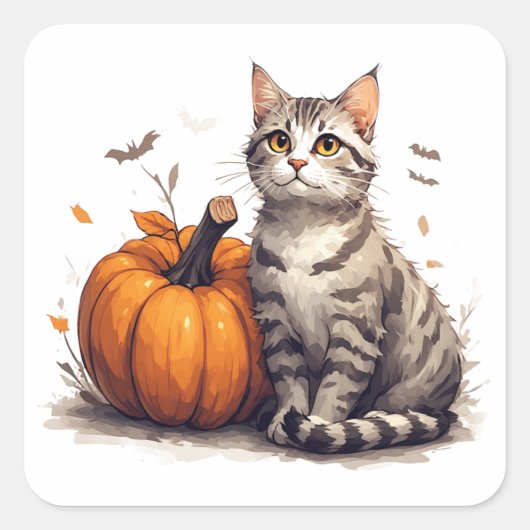 かわいいトラ柄の子猫とカボチャのハロウィン 🎃 スクエアシール (正面)