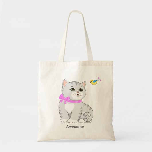 かわいいトラ柄の子猫と小鳥 トートバッグ (正面)