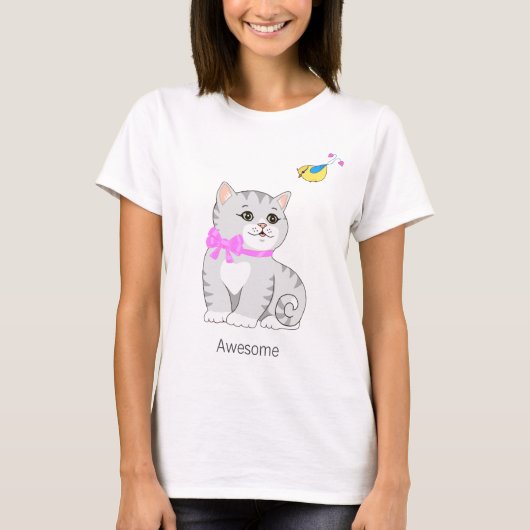 かわいいトラ柄の子猫と小鳥 Tシャツ (正面)