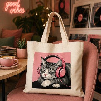 かわいいトラ猫がヘッドホンで音楽を聴いている ラージトートバッグ