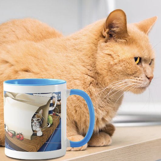 かわいいトラ猫のエコバッグ 青 マグカップ