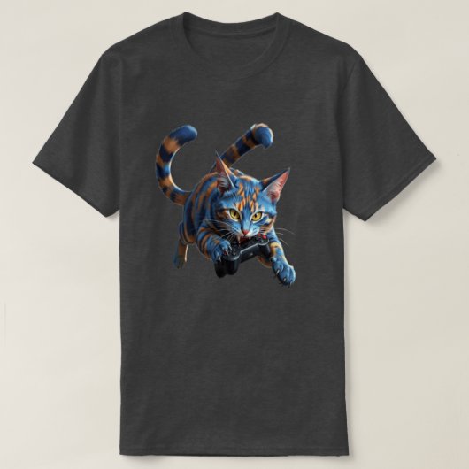かわいいトラ猫のゲームコントローラーの噛みつき Tシャツ (デザイン正面)