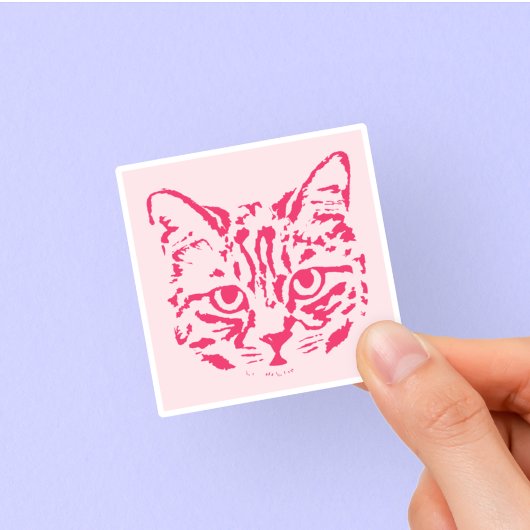 かわいいトラ猫のピンクと赤のスクエア シール