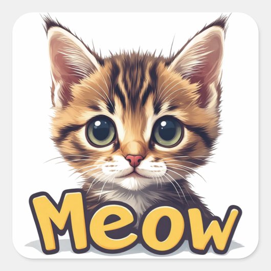 かわいいトラ猫の子猫と鳴き声メッセージ ねこ 🐱 スクエアシール (正面)