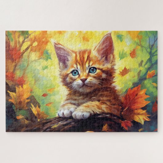 かわいいトラ猫オレンジ色の紅葉ウォーターカラー ジグソーパズル (横)