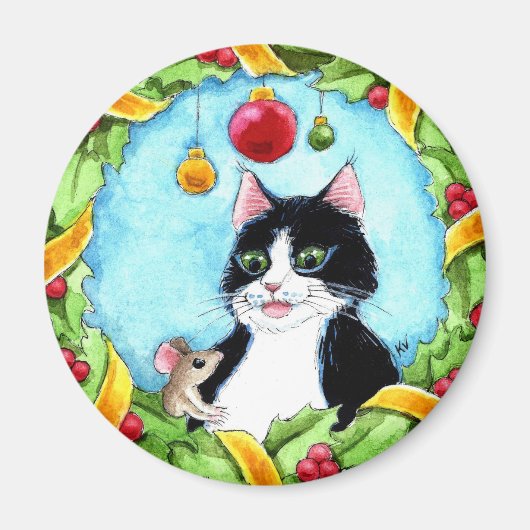 かわいいトラ猫、マウス、クリスマス冬の雪 マグネット (正面)
