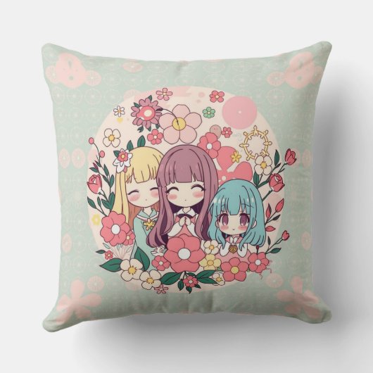 かわいいトリオ – かわいいアニメ女子&フローラビベス クッション (裏面)